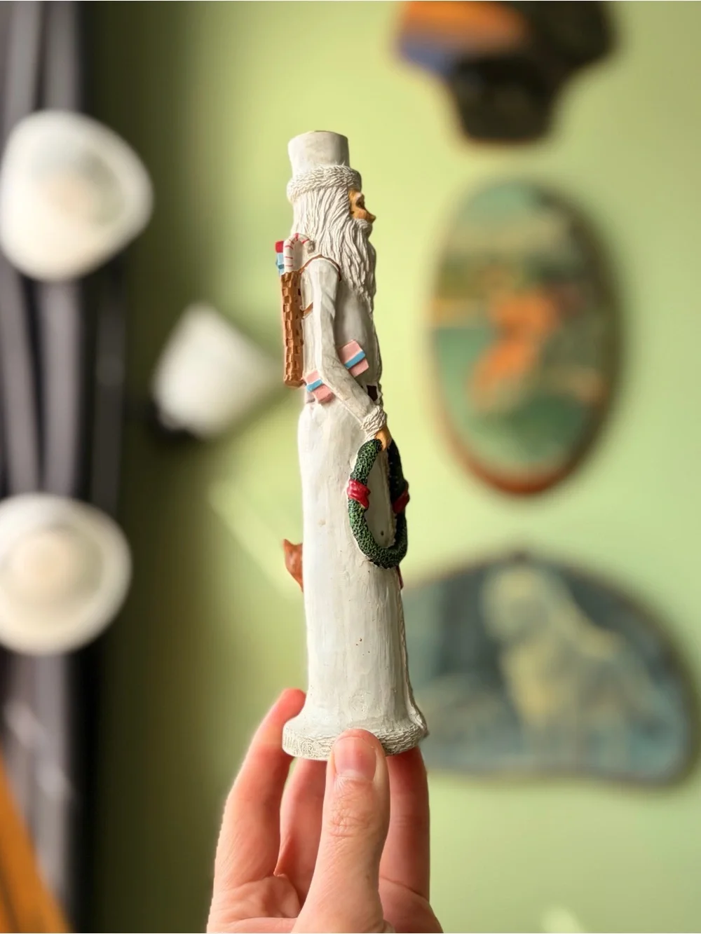 White Slender Santa Vintage Candlestick Holder Figurine with Deer & Wreath